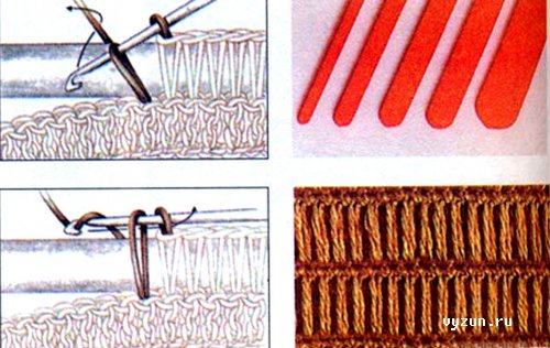 Выполнение вытянутых петель при вязании столбиков без накида с помощью палочки
